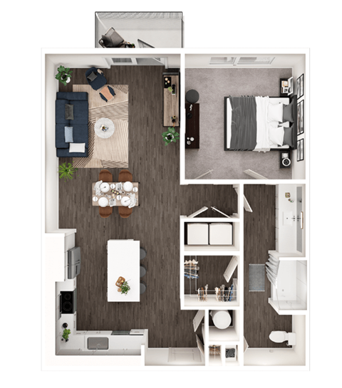 Floor plan for 1 bed, 1 bath, 905 sqft